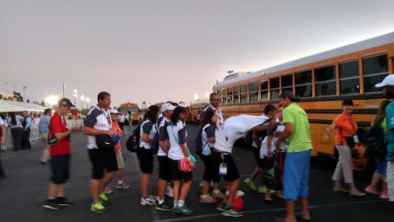 boarding bus with olympic colors