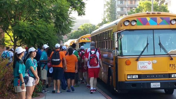 boarding bus with olympic colors